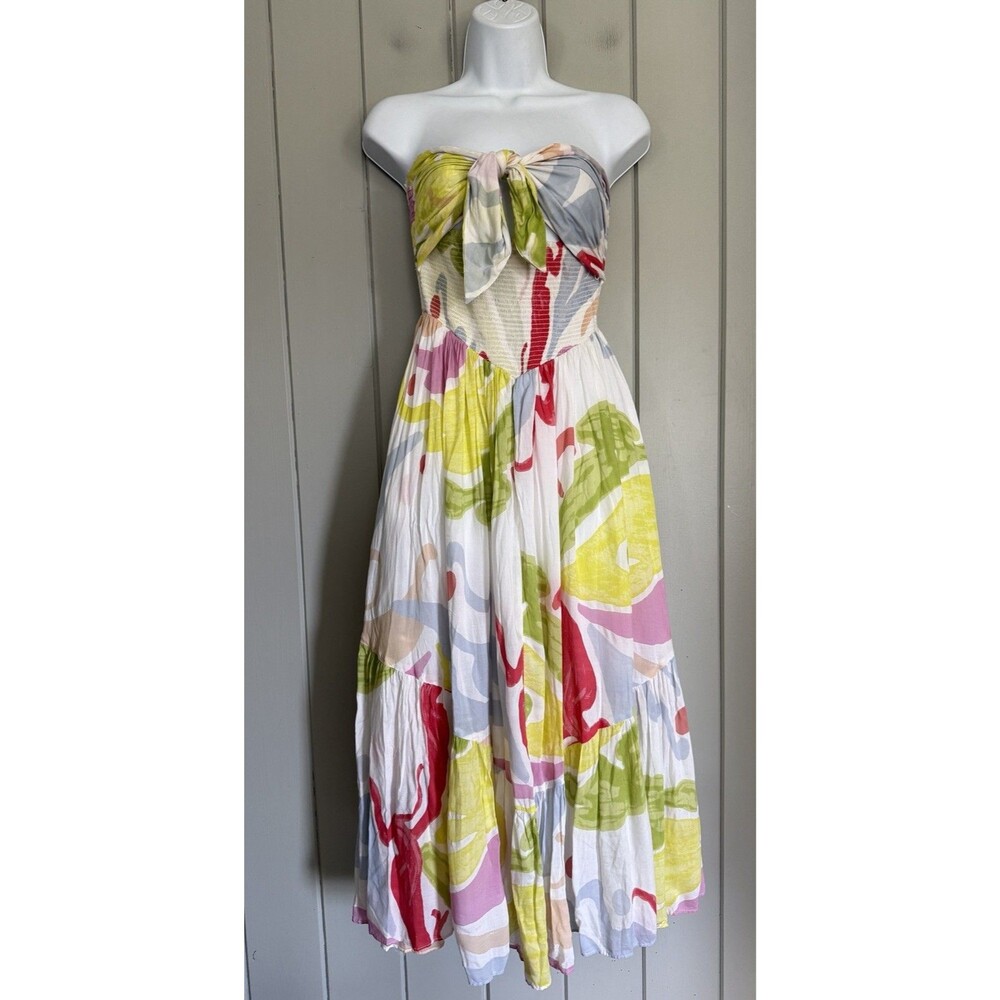 Free People Midi Dress S Small Smocked Strapless Tie Front Colorful Beach Boho